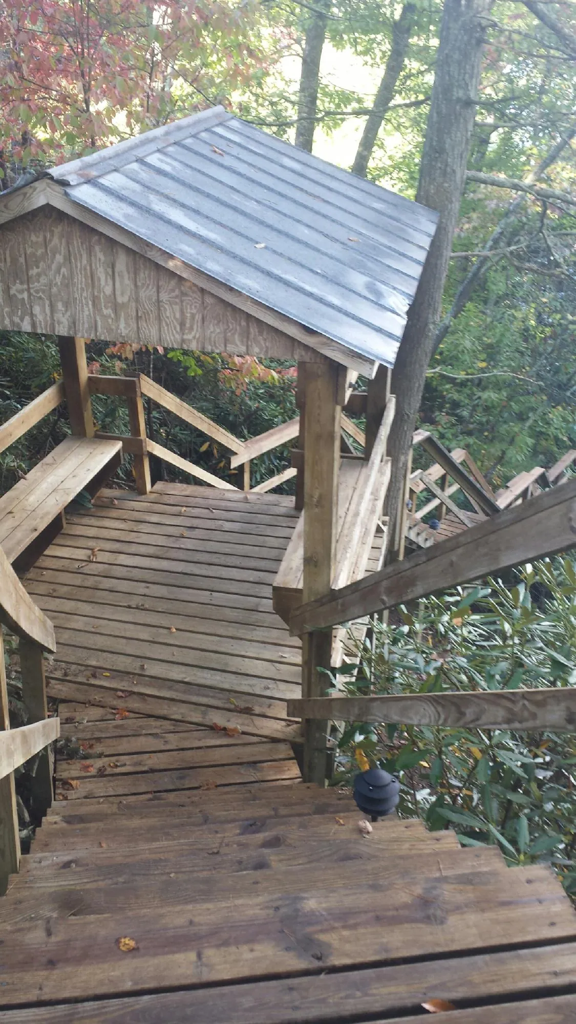 Metal roofed shelter over wooden steps on a wooded walkway — Skylight Repair & Installation work by our crew in Mount Morris